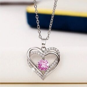 Silver Cubic Zirconia Pink Heart Necklace, Cubic Zirconia Heart Necklace